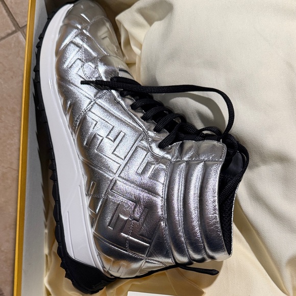 Fendi Shoes - Fendi Silver High-Top Sneaker Label Artwork